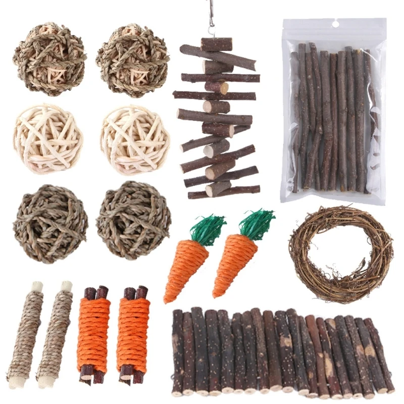 

25Pcs Bunny Chew Toy Hays Treats Grass Balls Wood Sticks Twigs Ladder Toy for Rabbit Hamster Guinea Pigs Teeth Cleaning