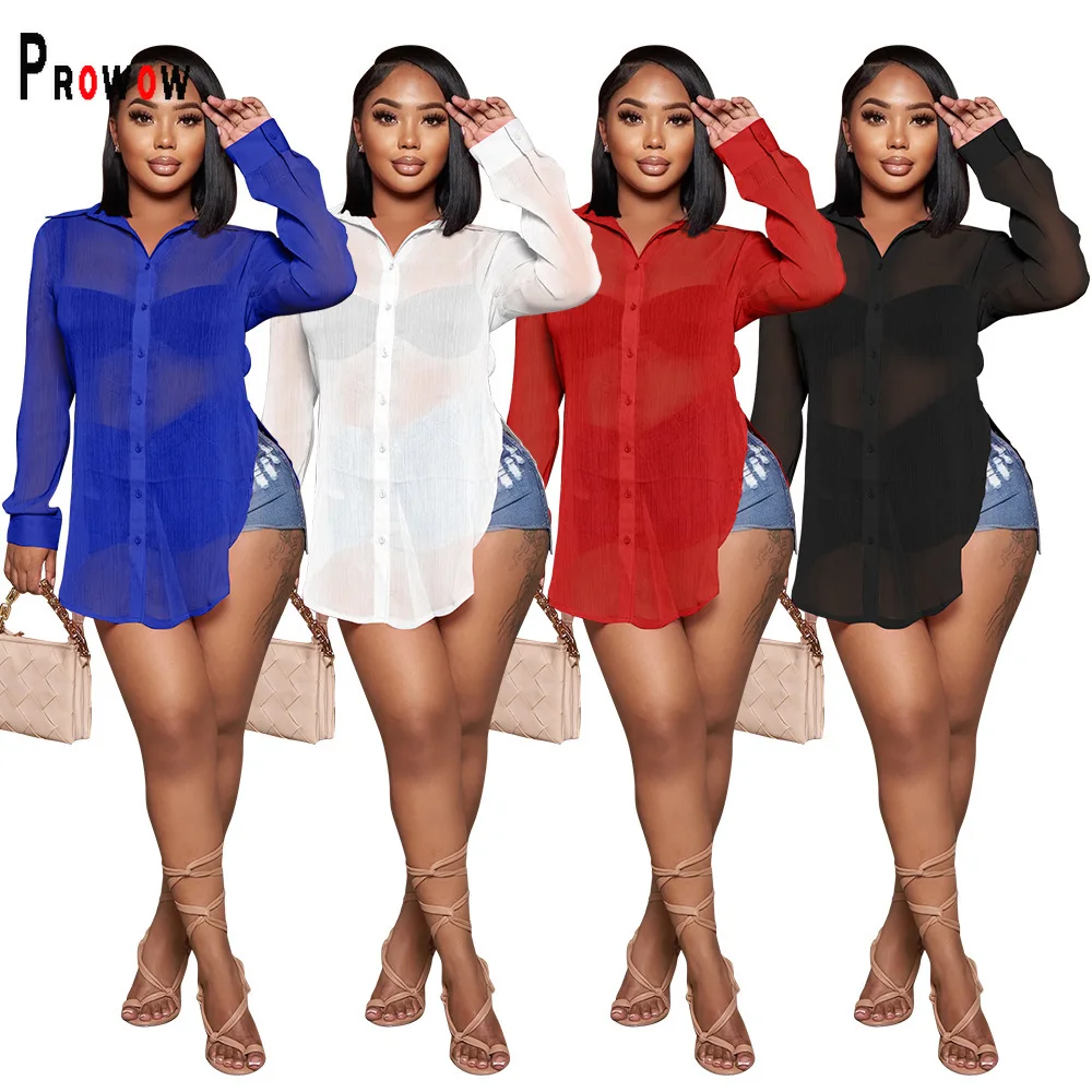

Prowow Women Blouses Sheer Mesh Long Sleeve Lady Tops Clothes Hem Slit Sexy Female Shirts Beach Outfits Cover-Ups for Bikinis