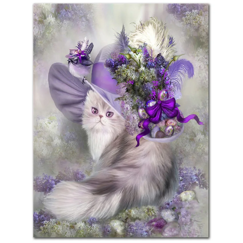 

5d diamond painting Cat wearing lilac hat Embroidery DIY Square/round Mosaic Cross stitch Rhinestone Children decoration gifts