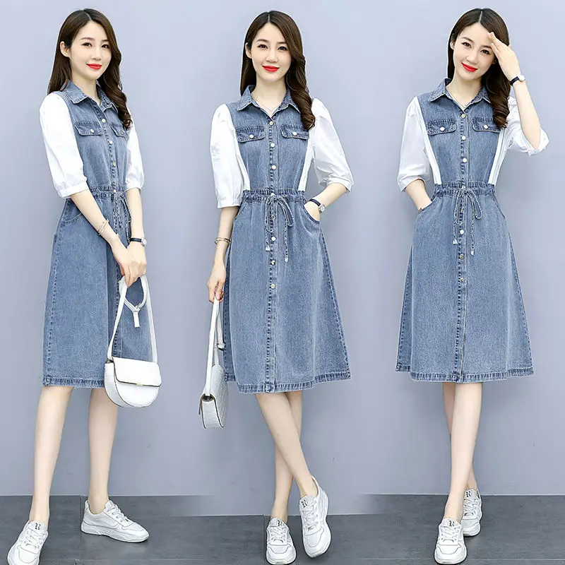 Summer 2022 New Plus Size Loose Short Sleeve Shirt Dress Women Design Fake Two Piece Splicing Denim Midi Dresses Vestidos E43 
Summer 2022 New Plus Size Loose Short Sleeve Shirt Dress Women Design Fake Two Piece Splicing Denim Midi Dresses Vestidos E43