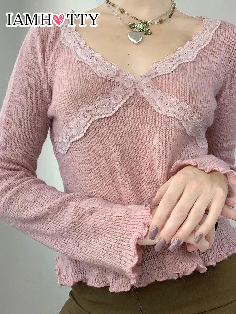 IAMHOTTY Coquette Aesthetic Lace Knitted Top Pink Kawaii Ruffle Casual Basic Solid T-shirt Autumn Hollow Out Crochet Tops Women
IAMHOTTY Coquette Aesthetic Lace Knitted Top Pink Kawaii Ruffle Casual Basic Solid T-shirt Autumn Hollow Out Crochet Tops Women