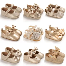 Golden Newborn Baby Baptism Walking Shoes Elegant And Noble Gold Princess Shoes Comfortable Soft Soles Non-slip Walking Shoes