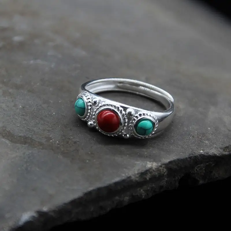 

New National Style Mongolian Element Korean Pine Stone Ring Tibetan Characteristic Ring Inlaid with Turquoise Women's Ring