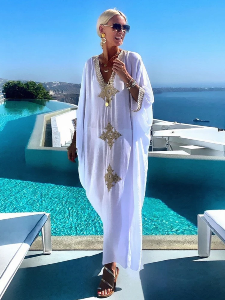 Beach Kaftans for Women Muslim Dresses Gold Embroidery Elegant White Maxi Robe Swimsuit Cover Ups Bathing Suits Beachwear
Beach Kaftans for Women Muslim Dresses Gold Embroidery Elegant White Maxi Robe Swimsuit Cover Ups Bathing Suits Beachwear