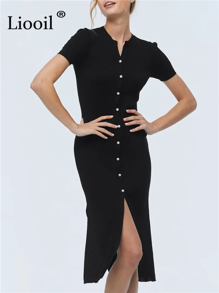 Black Knitted Ribbed Bodycon Midi Dress Streetwear Women Button Tight Robe 2022 Summer Short Sleeve Split Hem Sexy Knit Dresses
Black Knitted Ribbed Bodycon Midi Dress Streetwear Women Button Tight Robe 2022 Summer Short Sleeve Split Hem Sexy Knit Dresses