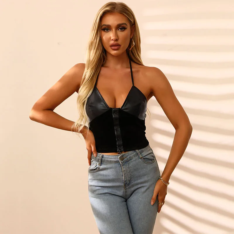 Summer new women's halter strap pure color sling PU leather black vest Sexy backless v-neck tank top
Summer new women's halter strap pure color sling PU leather black vest Sexy backless v-neck tank top