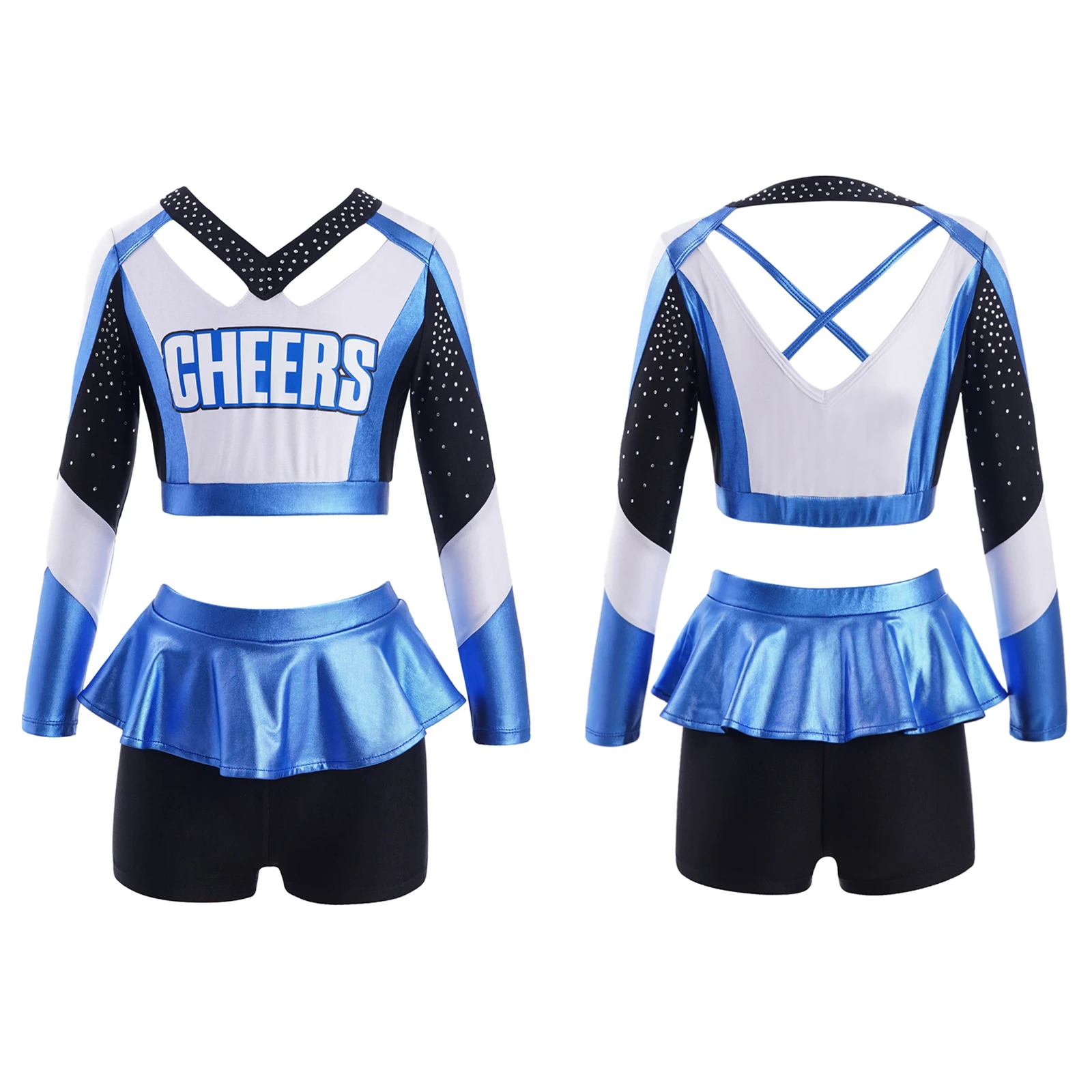 Kids Girls Blue 2Pcs Cheers Dance Set Long Sleeve Strappy Back Faux Diamonds Adorned Print Crop Top & Short for Yoga Jazz Dances
Kids Girls Blue 2Pcs Cheers Dance Set Long Sleeve Strappy Back Faux Diamonds Adorned Print Crop Top & Short for Yoga Jazz Dances