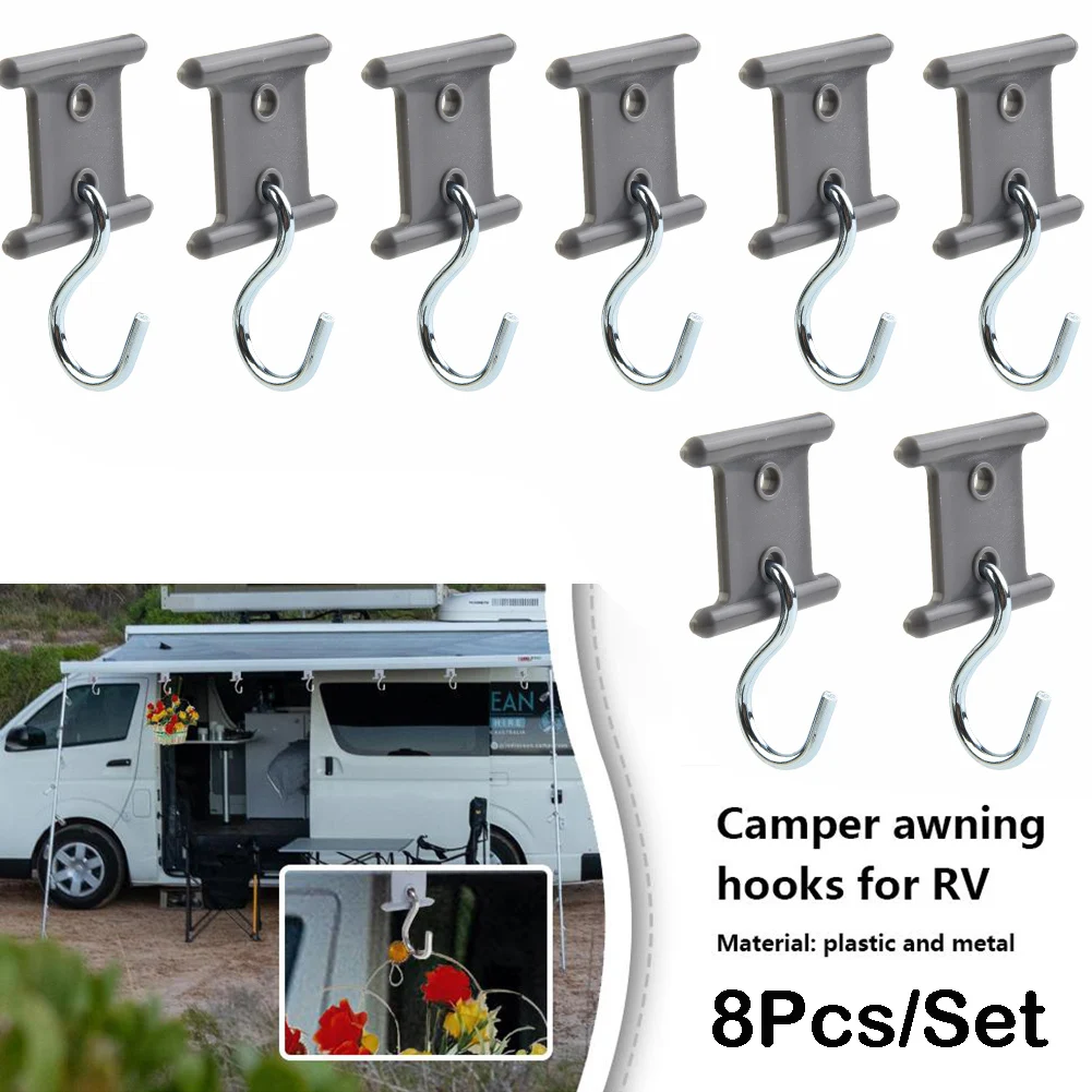 8Pcs Camping Awning Hooks Clips With S Hook RV Tent Hangers Light Hangers For Caravan Camper Grey Plastic+steel Accessories
8Pcs Camping Awning Hooks Clips With S Hook RV Tent Hangers Light Hangers For Caravan Camper Grey Plastic+steel Accessories