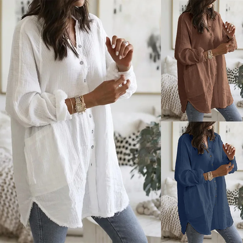 Women's autumn V-neck long-sleeved button-down shirt loose linen cotton solid color shirt large pockets irregular thin blouse
Women's autumn V-neck long-sleeved button-down shirt loose linen cotton solid color shirt large pockets irregular thin blouse