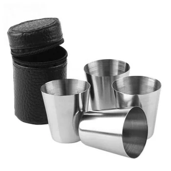4pcs 30ML 70ML Outdoor Camping Cup Mug Stainless Steel Water Cup Mini Set Glasses for Whisky Wine with Storage Bag Drinkware