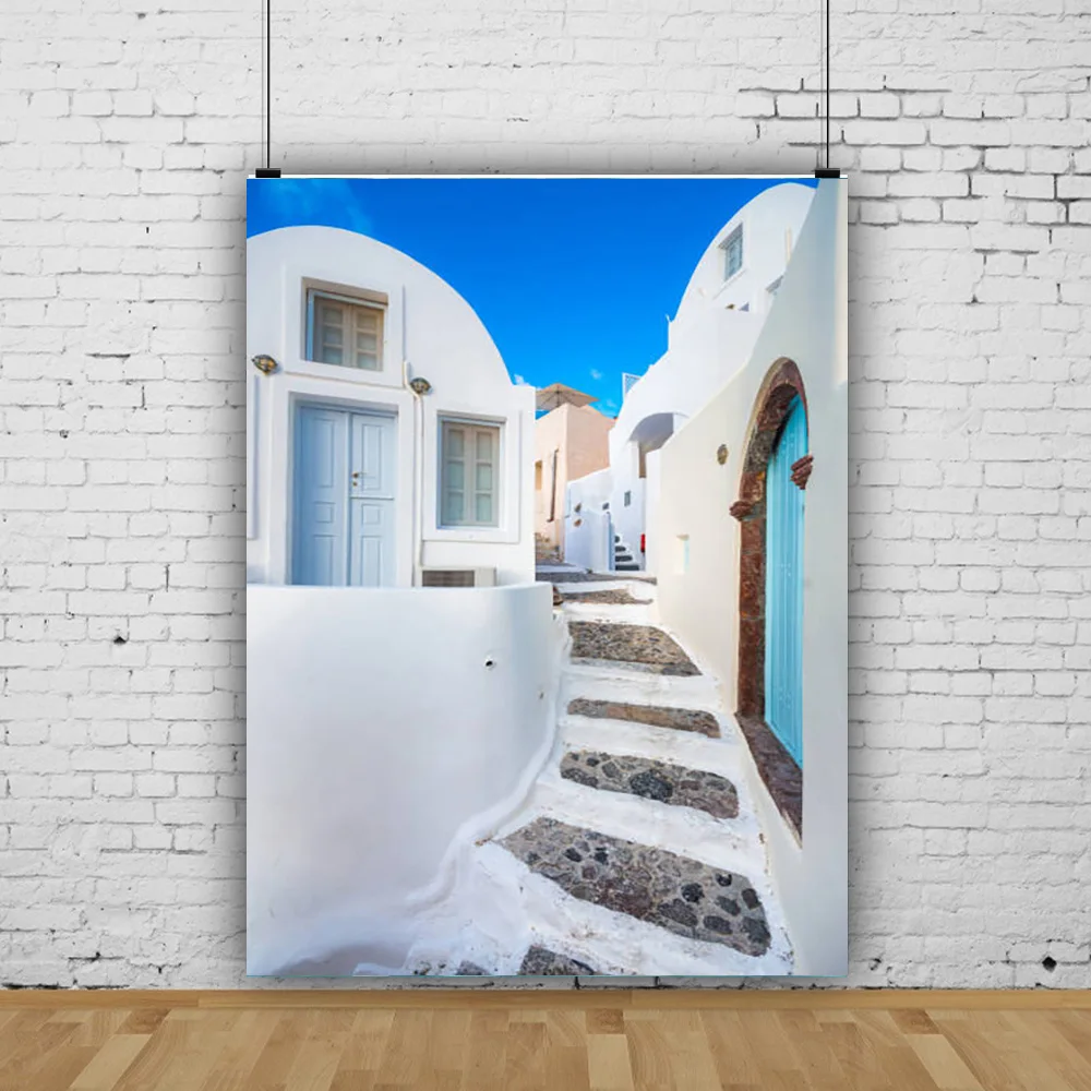 

Santorini Greek Aegean Sea Holiday Party Decoration Bay Town Architecture Flowers Stairs Photography Background XC-06