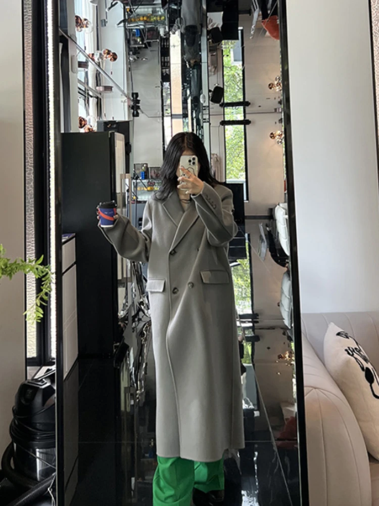 Женское кашемировое пальто на меху длинная двубортная теплая кашемировая куртка