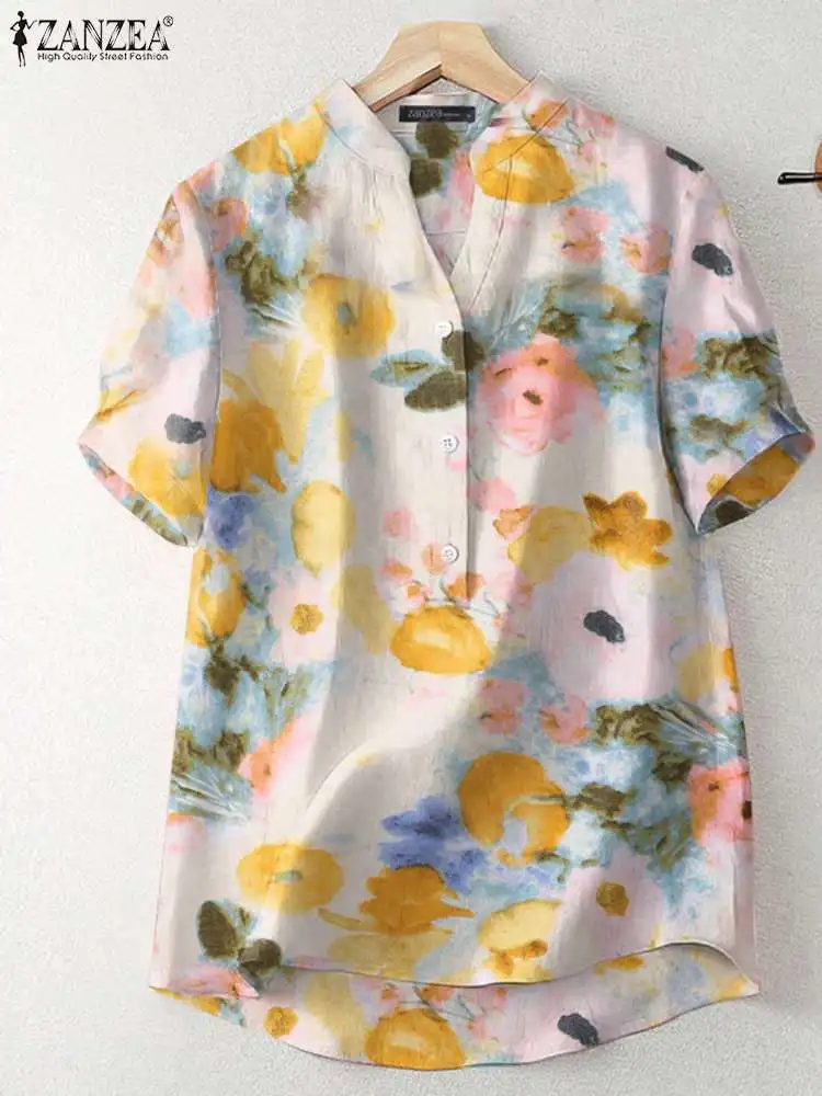 

Модная блузка ZANZEA с принтом для женщин, летняя рубашка с коротким рукавом и V-образным вырезом, богемные Цветочные праздничные топы, женские офисные Блузы