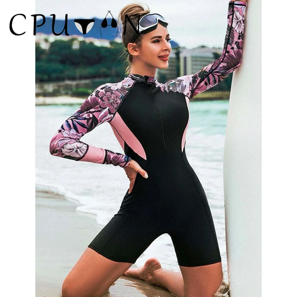 

CPUTAN 2023 New Sport One Piece Swimsuit Monokini Boyshorts Swimwear Women Rashguard Long Sleeve Beachwear Bathing Surfing Suit