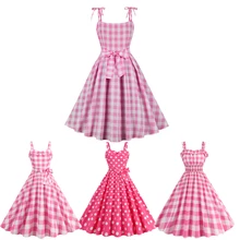 Elegant Pink Summer Plaid Casual Party Dress Sweet Bandage Retro Vintage 50s Big Swing Pleated Vintage Rockabilly Dresses SR1023