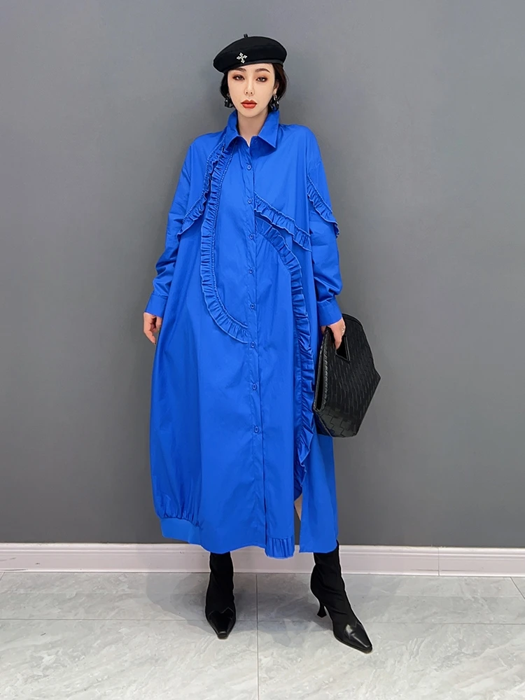 

SuperAen 2022 зимнее Новое корейское модное платье-рубашка с отложным воротником темпераментное женское длинное платье трапециевидной формы