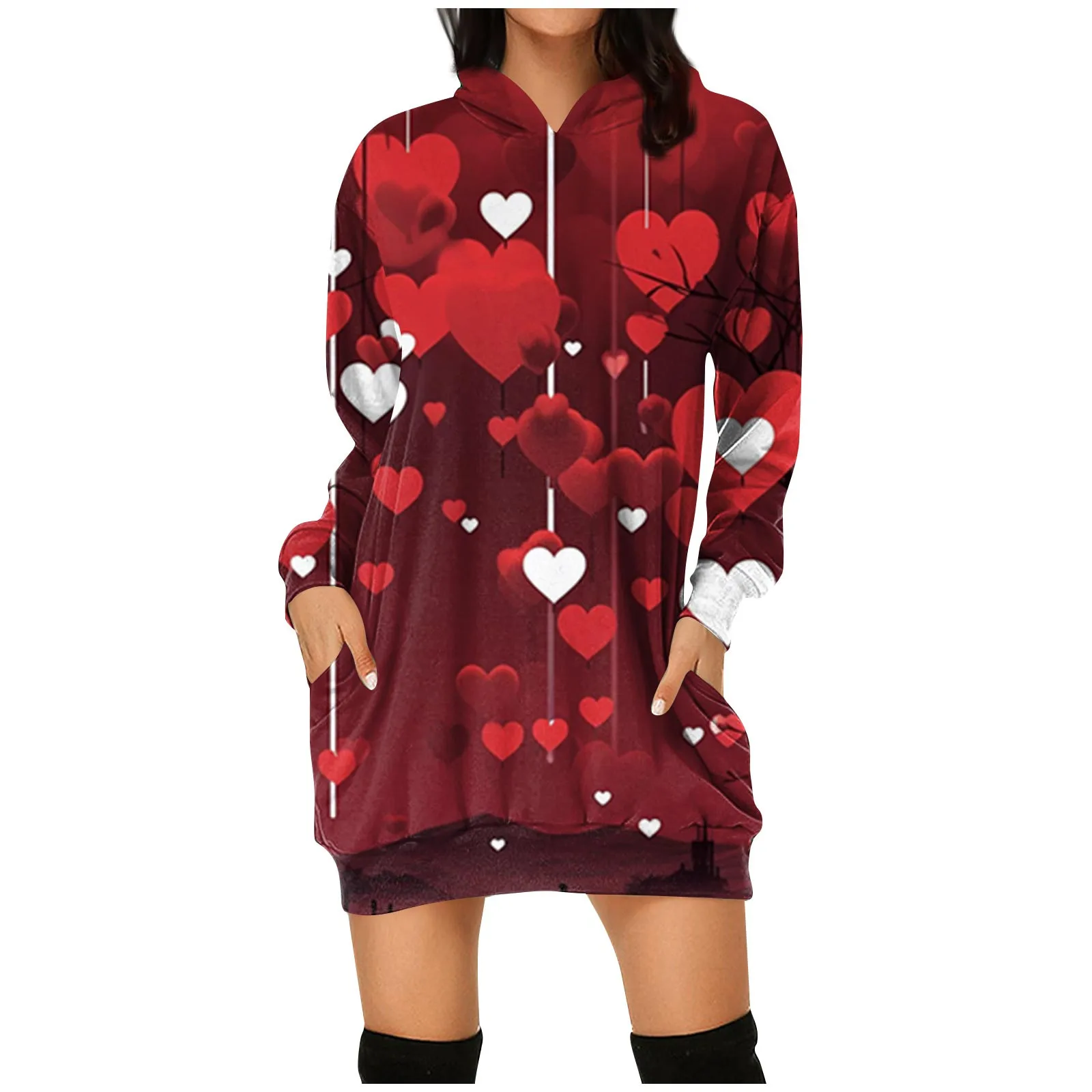

Woman Sweatshirt Dress 2024 New Hoodies Autumn Winter Sweatshirts Warm Valentine's Day Print Hooded Long-sleeved Hoody Dress