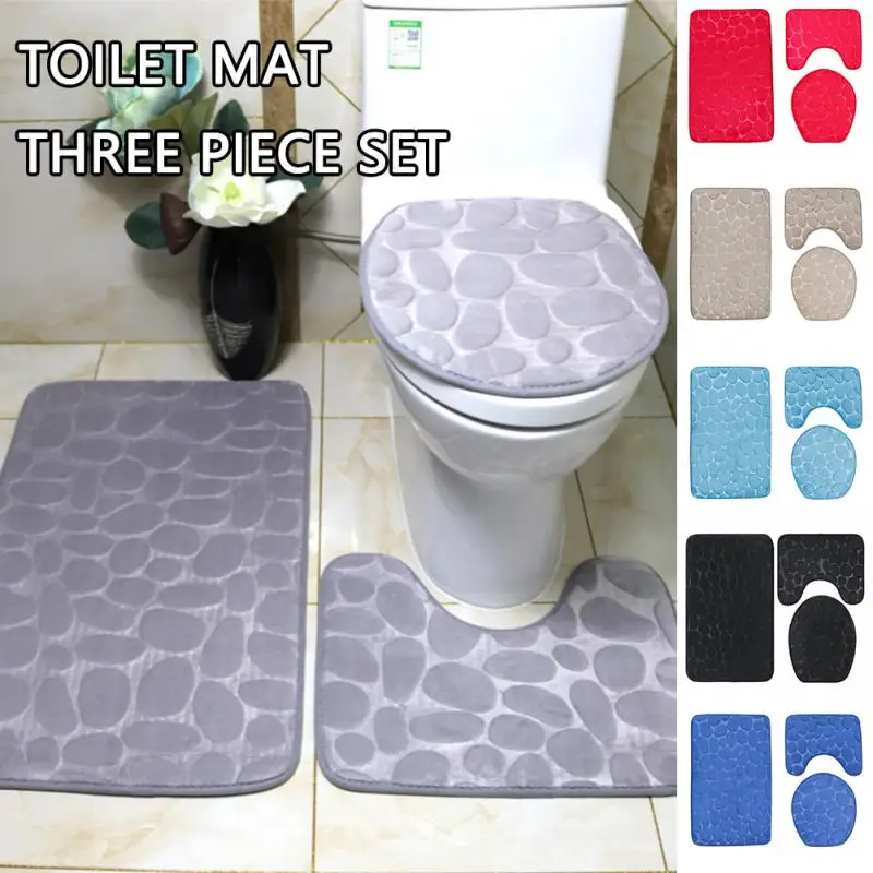

Toilet Seat Cover 3Pcs Set Bath Mat Shower Room Floor Rug Home Bathroom Anti-Slip Absorbent Doormat Pebbles Bathtub Decor Carpet