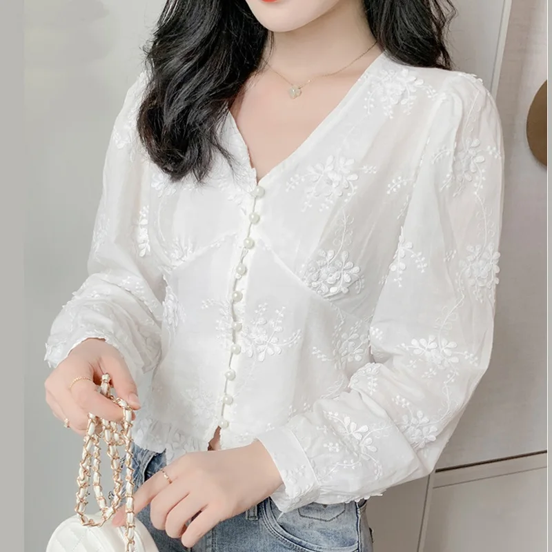 V-neck Puff Sleeve 2022 Autumn New White Embroidery Blouse Retro High Waist Short Lace Shirt Women Blusas Mujer De Moda 10536
V-neck Puff Sleeve 2022 Autumn New White Embroidery Blouse Retro High Waist Short Lace Shirt Women Blusas Mujer De Moda 10536