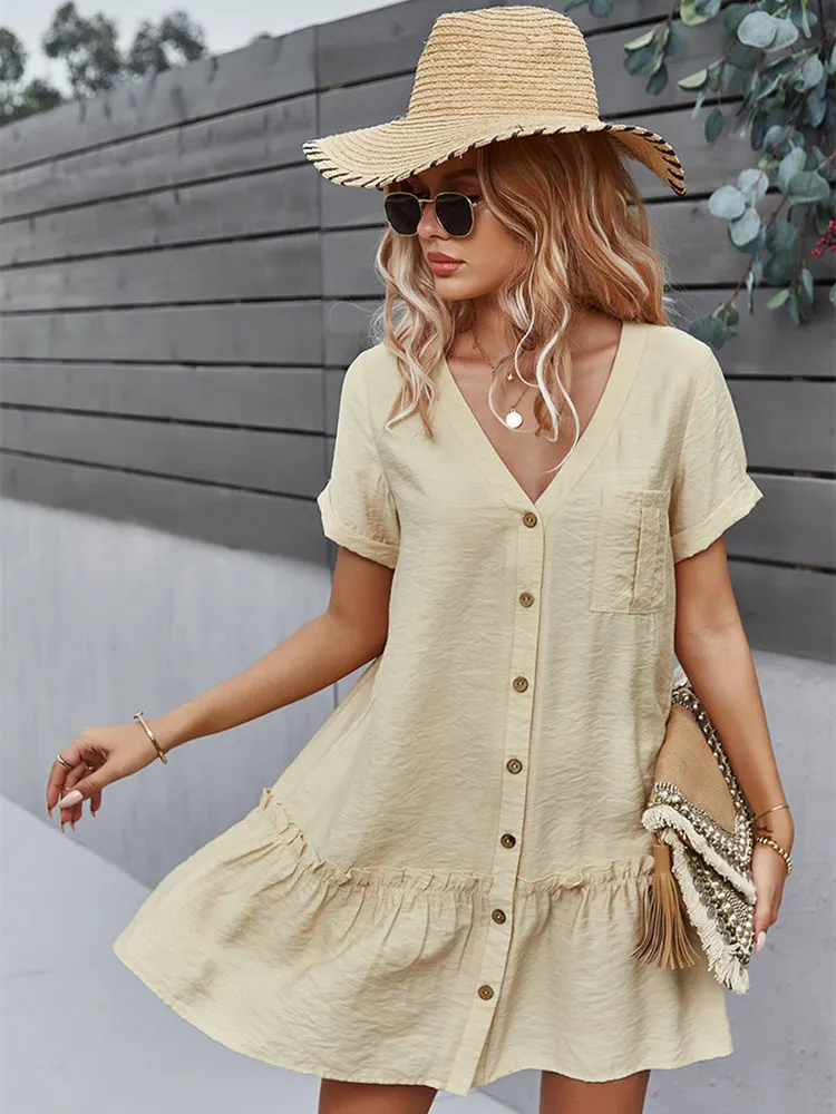 New Solid Short Dress Women 2022 Casual V Neck Single Breasted Spring Summer Ladies Loose A Line Dresses
New Solid Short Dress Women 2022 Casual V Neck Single Breasted Spring Summer Ladies Loose A Line Dresses
