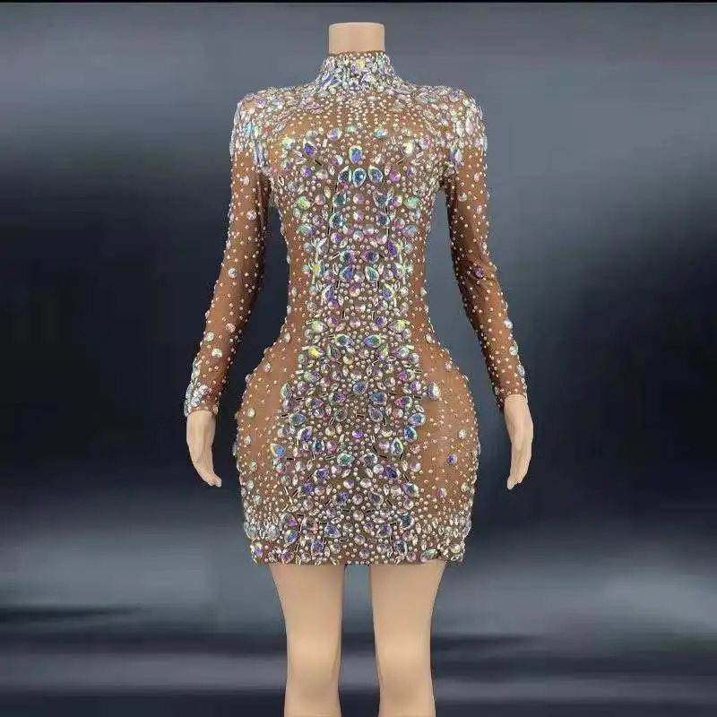 Sparkly Rhinestone Mesh Transparent Sexy Bodycon Mini Dress Women Long Sleeve Big Crystal Sexy Celebrate Birthday Party Dress 
Sparkly Rhinestone Mesh Transparent Sexy Bodycon Mini Dress Women Long Sleeve Big Crystal Sexy Celebrate Birthday Party Dress