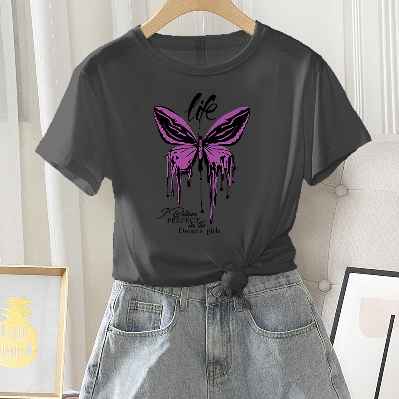 Summer Women Casual T-shirt Graphic Fashion Female 100% Cotton Short Sleeve Purple Butterfly Print Ladies Regular O-Neck Tee Top
Summer Women Casual T-shirt Graphic Fashion Female 100% Cotton Short Sleeve Purple Butterfly Print Ladies Regular O-Neck Tee Top