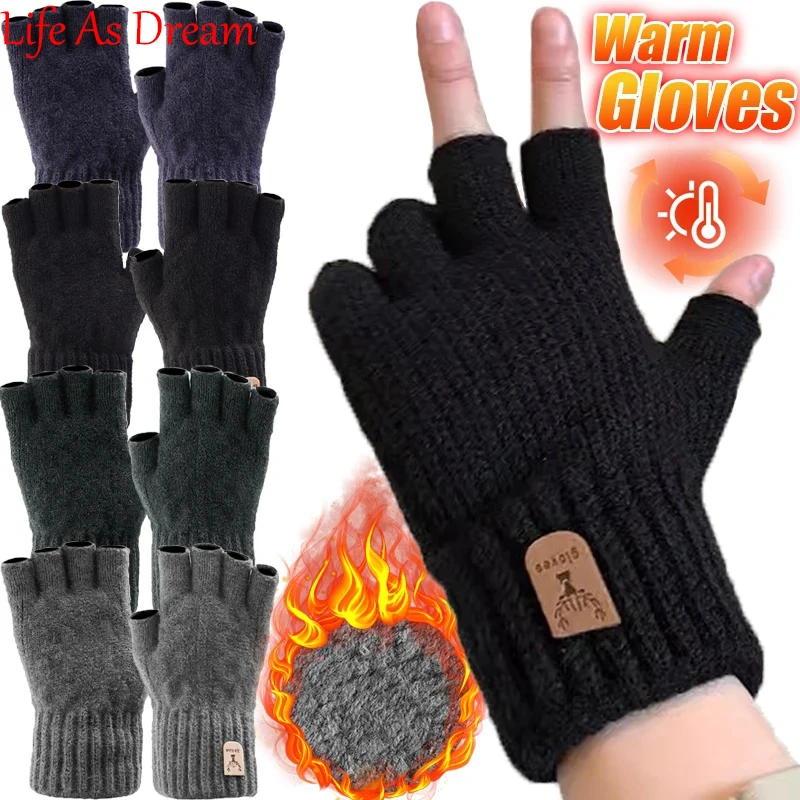

2023 New Knitted Thick Thermal Half Finger Gloves Women Men Winter Outdoor Warm Wool Driving Fingerless Glove Touchscreen Mitten