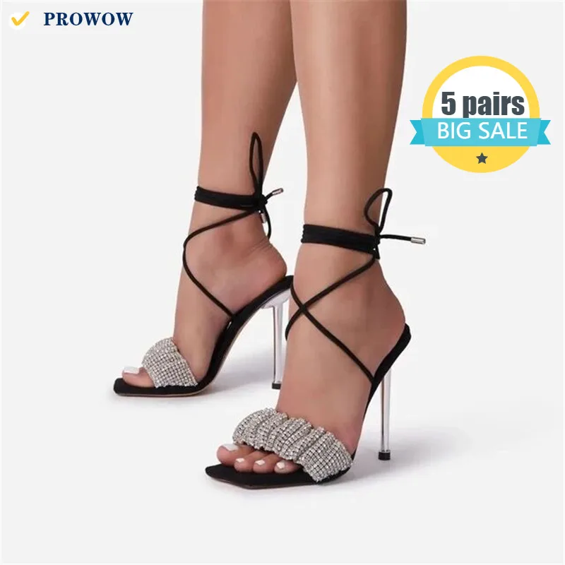 Женские босоножки со стразами PROWOW, модные плиссированные сандалии на тонком высоком каблуке, с квадратным носком и кружевом, лето 7350