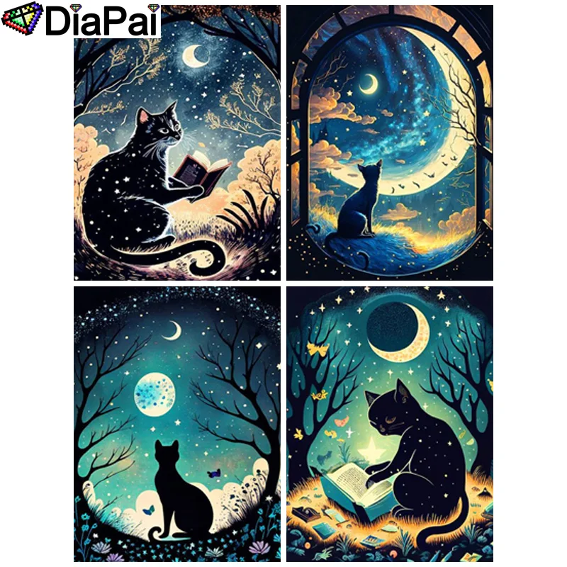 

Алмазная живопись DIAPAI, полноразмерная/круглая картина 5D «сделай сам», «животное, кот, луна, дерево», вышивка стразами, искусственная вышивка крестиком, Декор