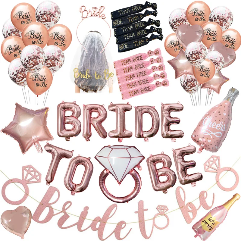 

Team Bride To Be Rose Gold Banner Balloons Wedding Decoration Sash Veil Headband Bridesmaid Bracelet Bachelorette Party Supplies