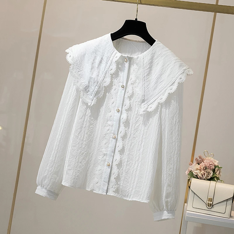 SuperAen 2022 размера плюс новая весенняя кружевная Лоскутная рубашка с воротником Питер Пэн, Женская Повседневная рубашка 
SuperAen 2022 размера плюс новая весенняя кружевная Лоскутная рубашка с воротником Питер Пэн, Женская Повседневная рубашка