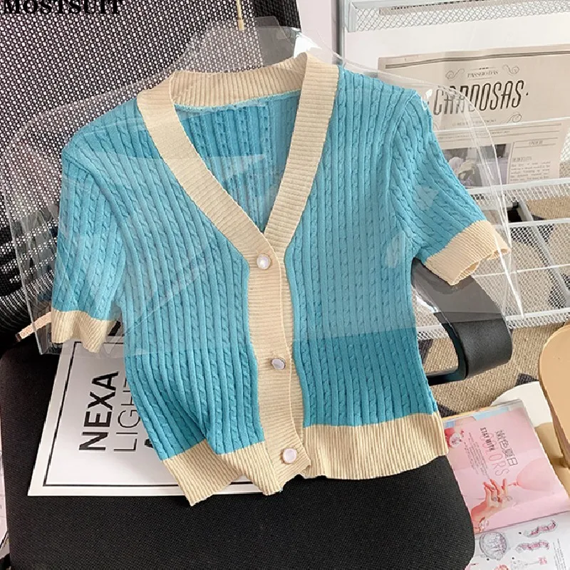Summer Contrast Color Slim Knit Cardigan Sweater Women Korean Style Fashion Ladies Top Knitwear Short Sleeve V-neck Vintage Tops
Summer Contrast Color Slim Knit Cardigan Sweater Women Korean Style Fashion Ladies Top Knitwear Short Sleeve V-neck Vintage Tops