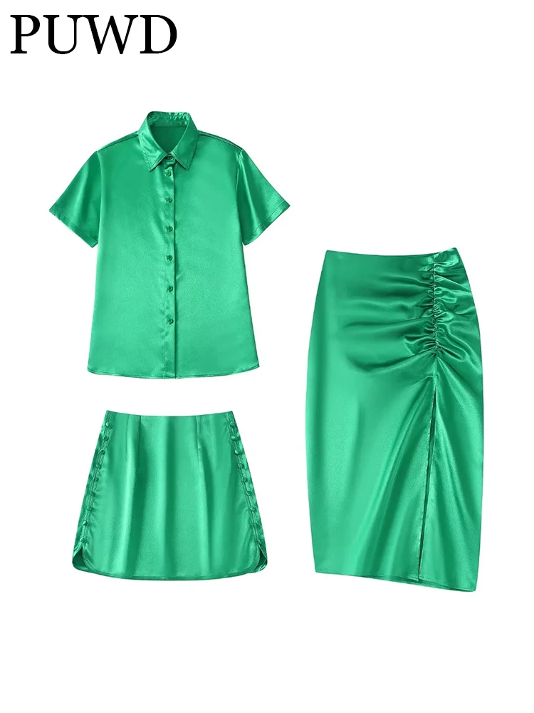 PUWD Women Green Satin Split Shirt Button-Down Mini Skirt Pleated Long Skirt Set 2022 Summer Ladies Solid Suit Retro Female Set
PUWD Women Green Satin Split Shirt Button-Down Mini Skirt Pleated Long Skirt Set 2022 Summer Ladies Solid Suit Retro Female Set