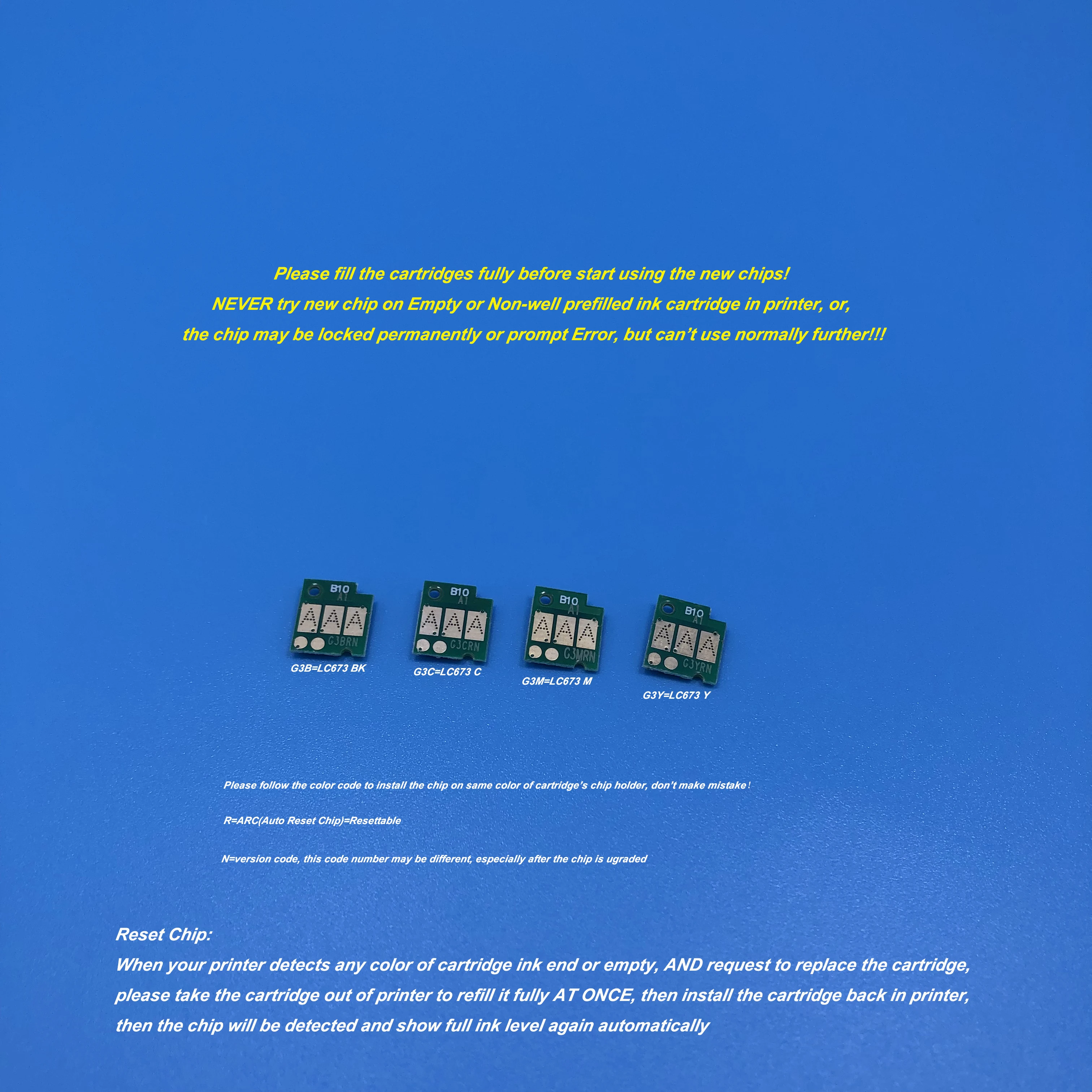 4Pcs/Set LC673 Auto Reset Chip for Brother MFC-J2320 MFC-J2720 CISS Refilable Ink Cartridge ARC Chip
4Pcs/Set LC673 Auto Reset Chip for Brother MFC-J2320 MFC-J2720 CISS Refilable Ink Cartridge ARC Chip