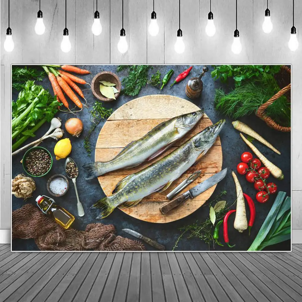 

Fishes Vegetables Kitchen Photography Backgrounds Food Home Cooking Feast Celebration Kids Backdrops Photographic Portrait Props