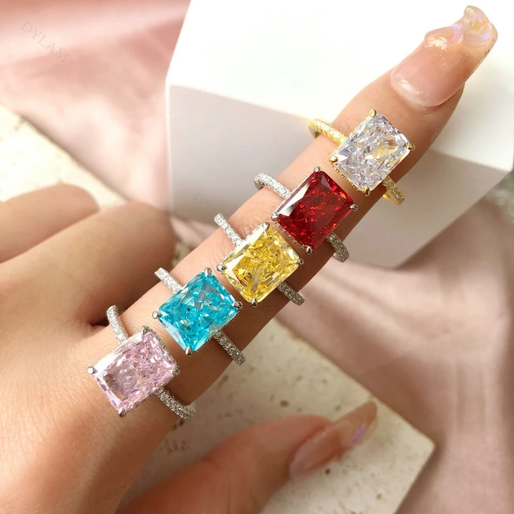 

5CT S925 Sterling Silver Rings Radiant Cutting Colorful Gemstones 5A Zircon Rectangle Fine Women Jewelry Drop Shipping