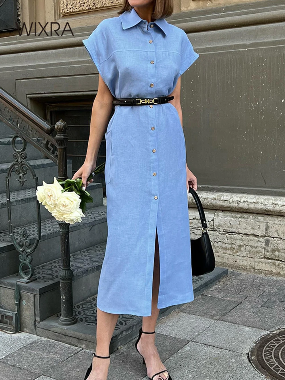 Wixra Women Dress With Belt Pocket Turn-Down Collar Single Breasted Sleeveless Solid Striaght Mid Shirt Dress
Wixra Women Dress With Belt Pocket Turn-Down Collar Single Breasted Sleeveless Solid Striaght Mid Shirt Dress