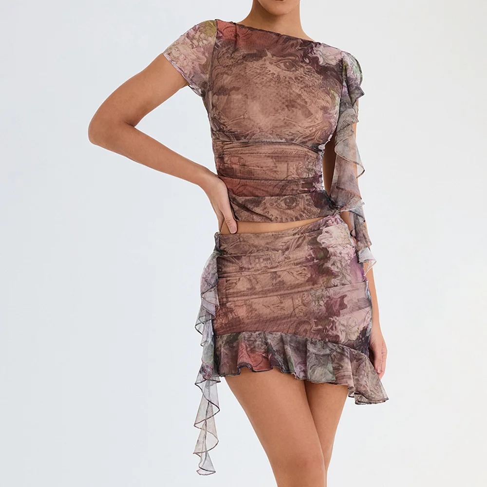 

Soolasea 2023, Новое сетчатое сексуальное платье-двойка, летние женские топы с коротким рукавом и нерегулярной оборкой, мини-юбка трапециевидной ...