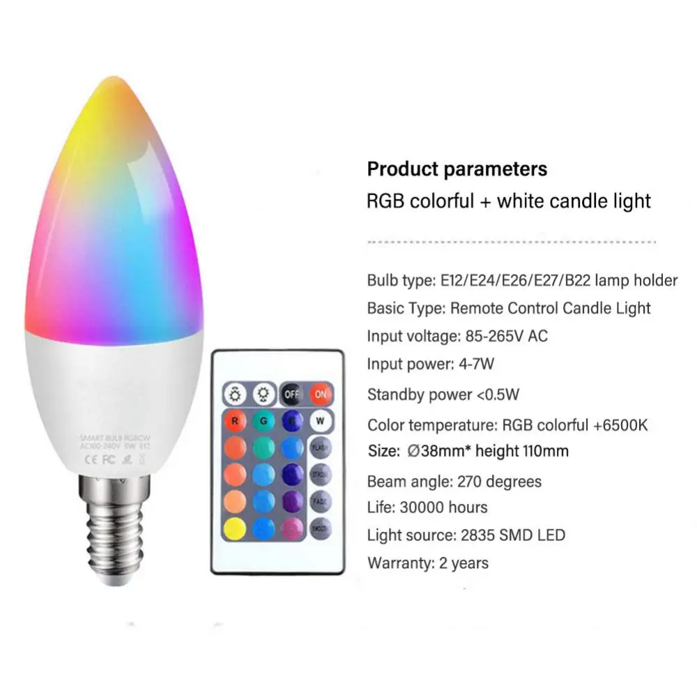 6000k Led Bulb E12 E14 E26 E27 B22 3-5w Rgbw Light Bulbs Remote Control Indoor Candle Light Smart Home Dimmable Colors
6000k Led Bulb E12 E14 E26 E27 B22 3-5w Rgbw Light Bulbs Remote Control Indoor Candle Light Smart Home Dimmable Colors
