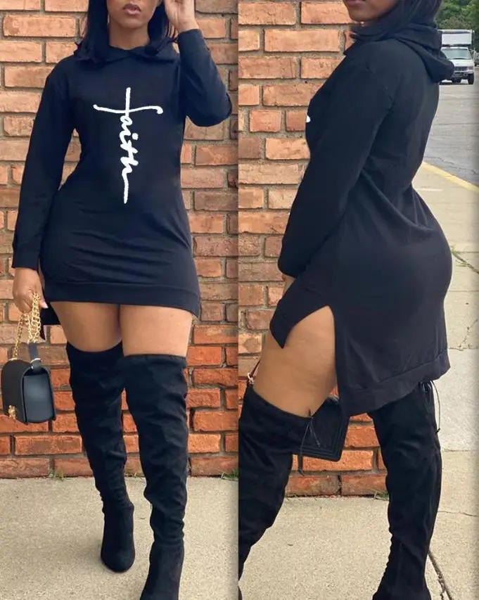 Letter Print Split Hem Long Sleeve Sweatshirt Dress for Women Hooded Slit Daily Casual Fashion Women's Dresses
Letter Print Split Hem Long Sleeve Sweatshirt Dress for Women Hooded Slit Daily Casual Fashion Women's Dresses