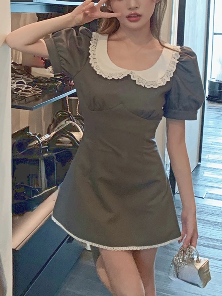 

Милое милое женское платье с пышными рукавами, винтажное кружевное корейское модное мини-платье, женское ретро платье с круглым воротником в стиле Питера Пэна, новинка 2023