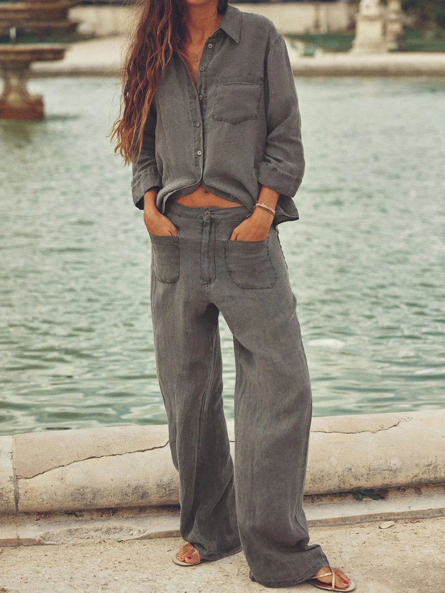 Pockets Beach Outfits For Women 2023 Autumn Long Sleeve Shirt Tops With Wide Leg Pants Sets Casual Fashion 2 Piece Women's Set
Pockets Beach Outfits For Women 2023 Autumn Long Sleeve Shirt Tops With Wide Leg Pants Sets Casual Fashion 2 Piece Women's Set