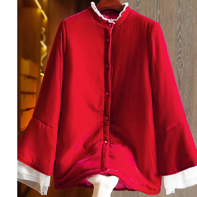 Super Beautiful Red Chinese Silk+Velvet Cotton Clothes Women's Winter Organza Splicing Horn Sleeve New Year Lady Jacket S-XL
Super Beautiful Red Chinese Silk+Velvet Cotton Clothes Women's Winter Organza Splicing Horn Sleeve New Year Lady Jacket S-XL
