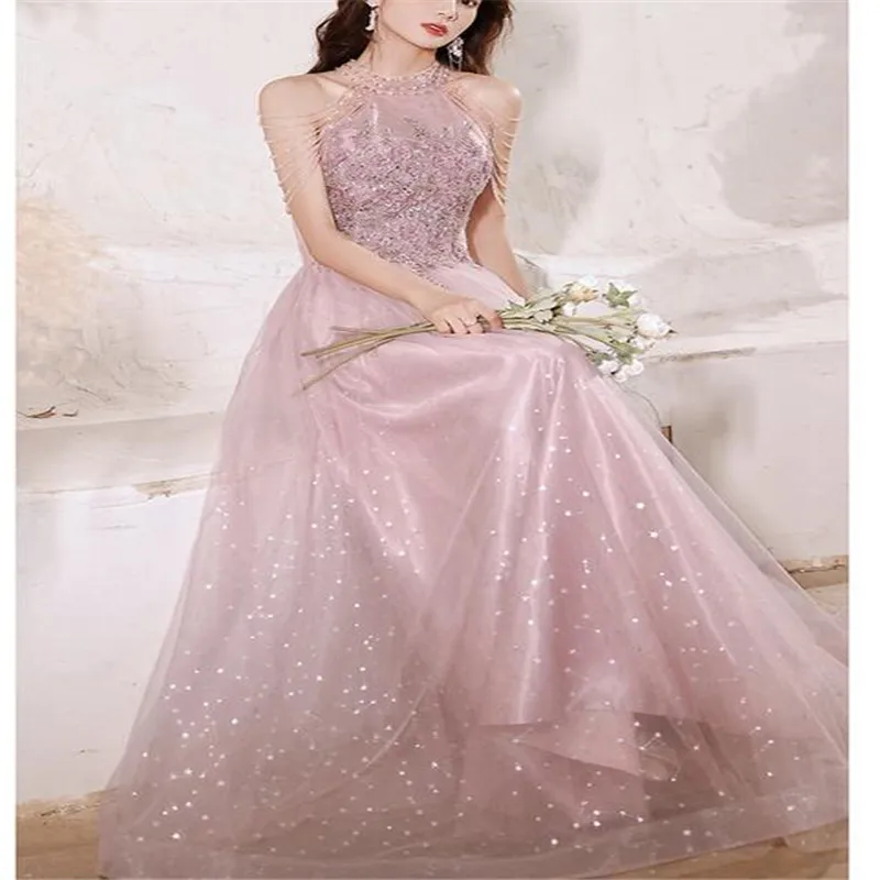 

Pink Evening Dress Female New Fairy Skirt Explosion Style Temperament High-End Sense Banquet Bridesmaid Engagement Birthday Host