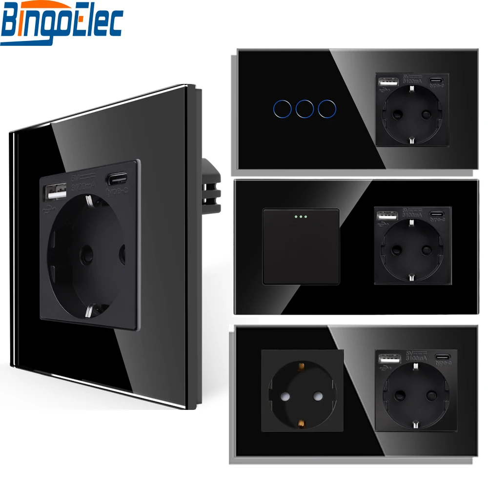Bingoelec EU Standard Wall Light Switch Black Crystal Glass Panel Switch Panel With Wall Socket With tomada usb type-c
Bingoelec EU Standard Wall Light Switch Black Crystal Glass Panel Switch Panel With Wall Socket With tomada usb type-c