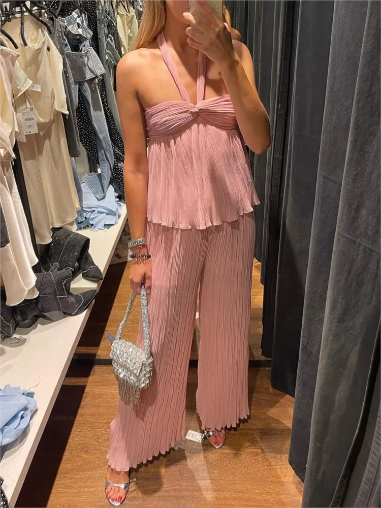 Elegant Pants Sets Women 2023 Summer Solid Folds Vest Halter Sleeveless Backless Top+Casual Transparent Elastic Waist Pant Suits
Elegant Pants Sets Women 2023 Summer Solid Folds Vest Halter Sleeveless Backless Top+Casual Transparent Elastic Waist Pant Suits