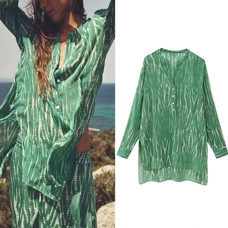 

TRAF Women Print Long Loose Blouse Slot Collar Long Sleeves Asymmetric Hem Button Shirts Fashion Casual Beach Woman Blouse 2023