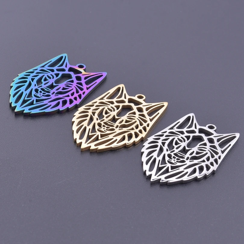 

5pcs Neo-Gothic Wolf Head Charm Stainless Steel Rainbow Personlize Pendant Jewelry Making Trendy Necklace for Men Craft Supplies