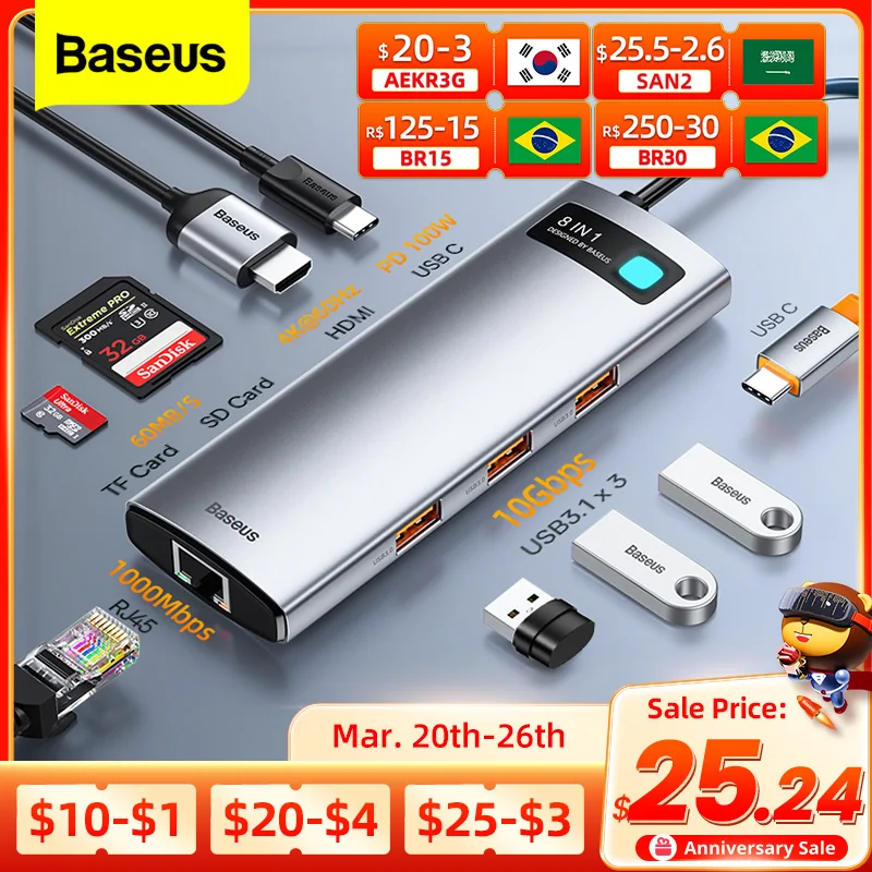 Baseus 4K 60Hz USB C HUB Type C to HDMI-compatible RJ45 PD100W USB 3.1 Adapter Splitter For Macbook Air Pro Laptop Dock station
Baseus 4K 60Hz USB C HUB Type C to HDMI-compatible RJ45 PD100W USB 3.1 Adapter Splitter For Macbook Air Pro Laptop Dock station