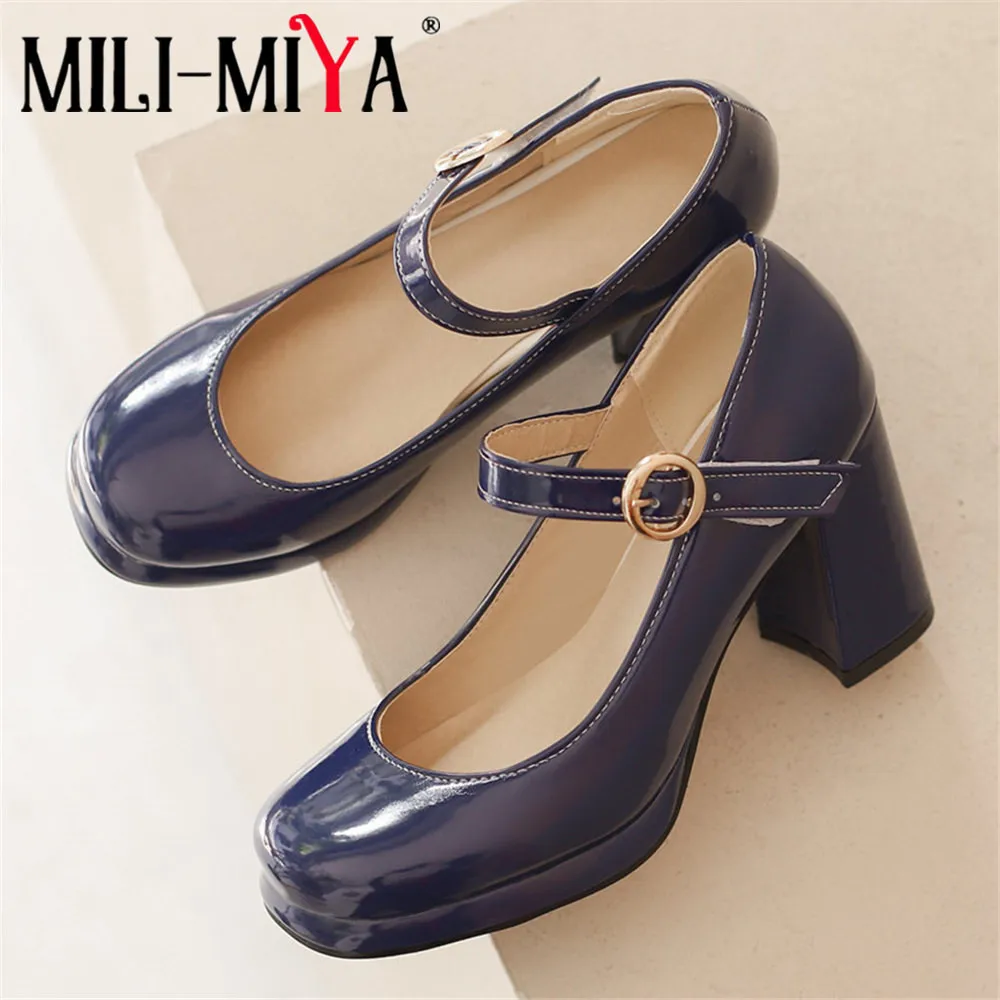 

MILI-MIYA Concise Classic Solid Color Women Patent Leather Pumps Buckle Strap Thick Heels Round Toe Plus Size 34-44 Handmade